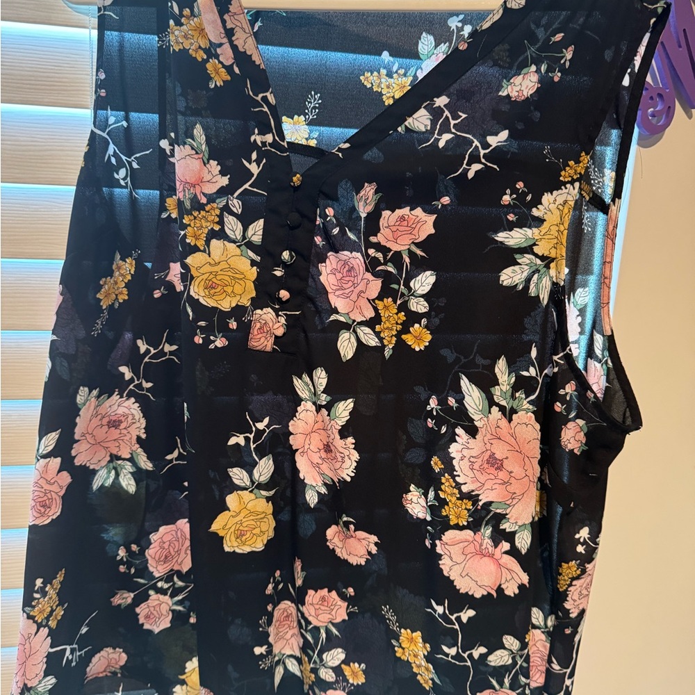 Maurices Black Floral Blouse with Pink and Yellow Accents